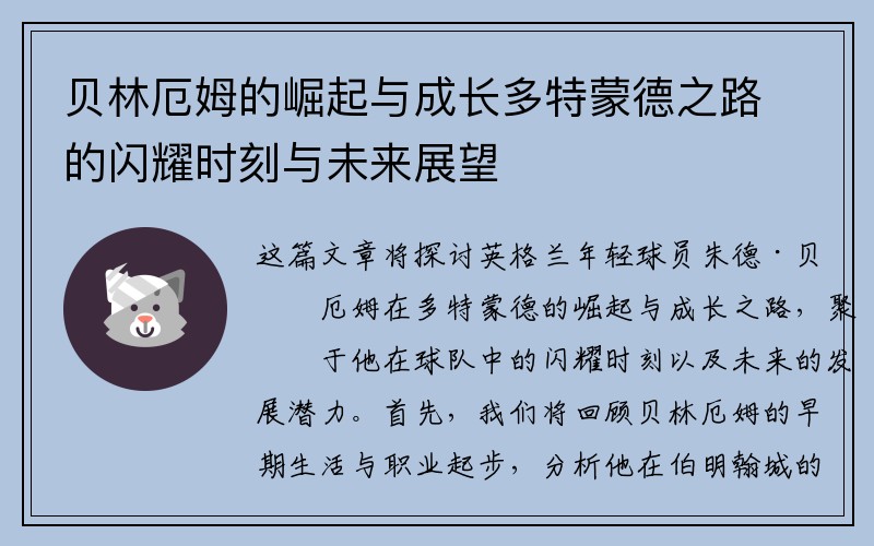 贝林厄姆的崛起与成长多特蒙德之路的闪耀时刻与未来展望